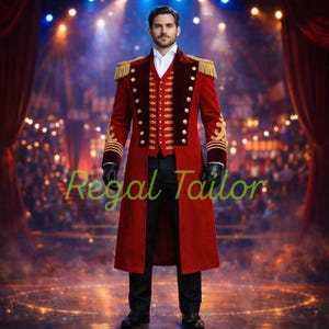 May include: A red velvet coat with gold accents, epaulets, and buttons. The coat features a high collar and is paired with a matching vest and black pants. The image includes the text "Regal Tailor".