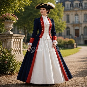 Könnte beinhalten: Ein langärmeliger marineblauer Mantel mit roten Revers und goldenen Knöpfen über einer weißen Weste mit hohem Kragen und einem bodenlangen weißen Rock. Das Outfit umfasst einen schwarzen Dreispitz mit weißer Feder und weißen Spitzenmanschetten.