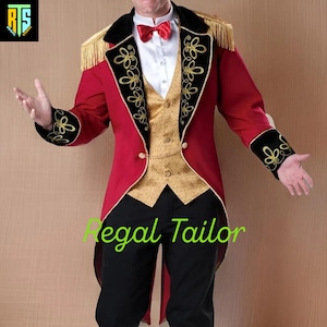 May include: A red tailcoat with black velvet trim, gold embroidery, and gold fringe epaulets. The coat features a gold vest and a red bow tie. The text "Regal Tailor" is visible on the image. The outfit is completed with black trousers.