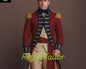 May include: A red military-style coat with gold epaulets and trim, worn over a cream-colored vest and pants. The coat features navy blue accents and gold buttons. A burgundy sash is wrapped around the waist. The text "Regal Tailor" is visible.