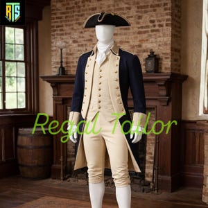 May include: A historical costume consisting of a navy blue coat with gold buttons, a cream-colored vest, and matching breeches. The outfit includes a black tricorn hat and a white shirt. The text "Regal Tailor" is visible in green.