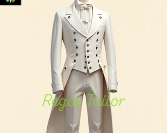 Handmade White Wool Tailcoat with Double-Breasted Buttons – 19th Century Historical Costume - Custom Size