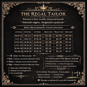 Puede incluir: Una gu&iacute;a de tallas de The Regal Tailor, con un dise&ntilde;o dorado y negro. La tabla incluye tallas de EE. UU., Reino Unido y la UE, junto con medidas de busto, cintura y cadera en pulgadas. Tambi&eacute;n proporciona instrucciones sobre c&oacute;mo medir y notas sobre sastrer&iacute;a personalizada.