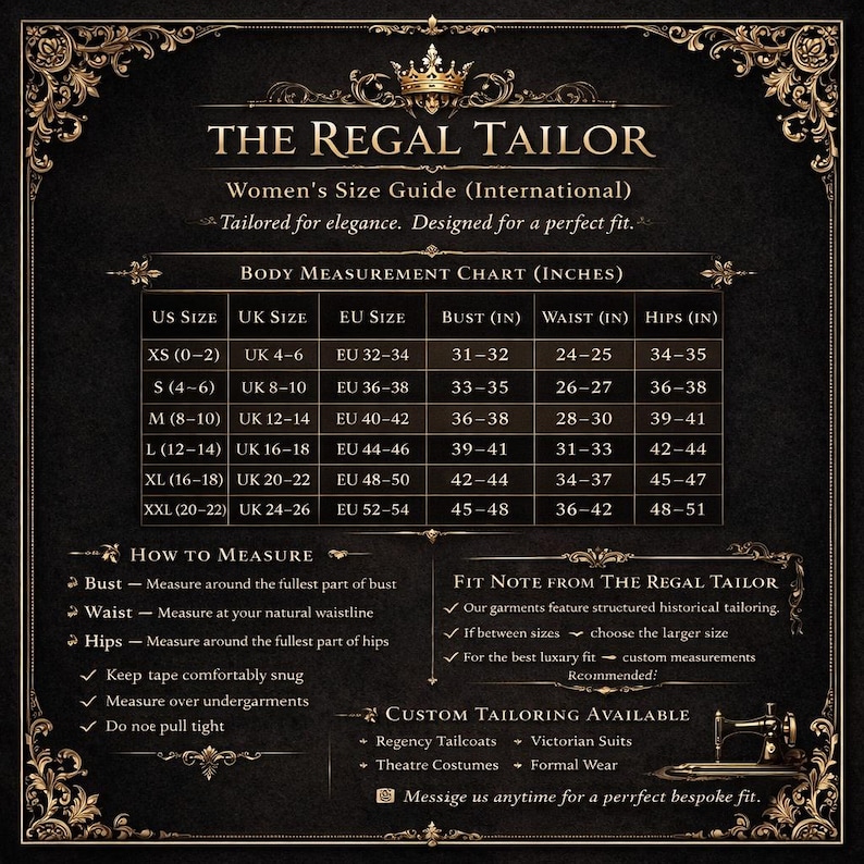 Puede incluir: Una gu&iacute;a de tallas de The Regal Tailor, con un dise&ntilde;o dorado y negro. La tabla incluye tallas de EE. UU., Reino Unido y la UE, junto con medidas de busto, cintura y cadera en pulgadas. Tambi&eacute;n proporciona instrucciones sobre c&oacute;mo medir y notas sobre sastrer&iacute;a personalizada.