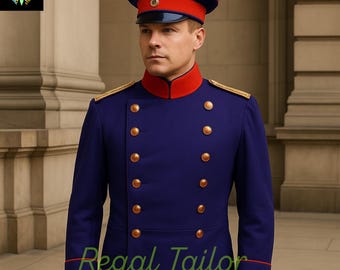 May include: A navy blue military uniform with gold buttons and shoulder accents. The uniform includes a matching hat with a red band and a red collar. The text "Regal Tailor" is written in green cursive at the bottom of the image.
