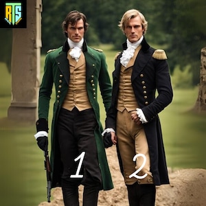 Può includere: Due uomini in cappotti storici in stile militare. Uno indossa un cappotto verde scuro con bottoni dorati, pantaloni neri e una camicia bianca con volant. L'altro indossa un cappotto nero con bottoni dorati, pantaloni color cachi e una camicia bianca con volant.