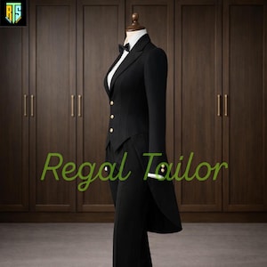 Women's Handmade Black Wool Tailcoat - Ladies Formal Suit - Blended Wool Jacket – Custom Sizing - Women's Black Tailcoat Suit, Ladies Formal Tuxedo Tailcoat Set, Elegant Blended Wool Evening Suit, Women's Dress Tailcoat Jacket