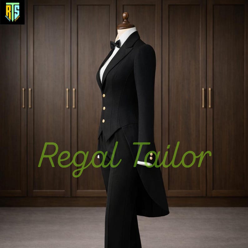 Women's Handmade Black Wool Tailcoat - Ladies Formal Suit - Blended Wool Jacket – Custom Sizing - Women's Black Tailcoat Suit, Ladies Formal Tuxedo Tailcoat Set, Elegant Blended Wool Evening Suit, Women's Dress Tailcoat Jacket