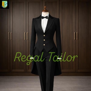 Women's Handmade Black Wool Tailcoat - Ladies Formal Suit - Blended Wool Jacket – Custom Sizing - Women's Black Tailcoat Suit, Ladies Formal Tuxedo Tailcoat Set, Elegant Blended Wool Evening Suit, Women's Dress Tailcoat Jacket
