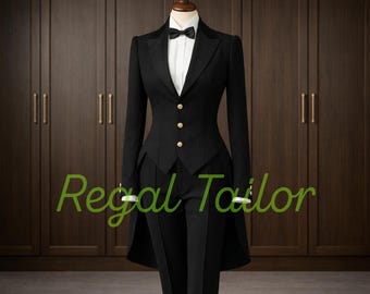May include: A black formal suit with a long tailcoat design, displayed on a mannequin. The suit features a white collared shirt, a black bow tie, and gold buttons. The text "Regal Tailor" is visible in green across the bottom of the image.