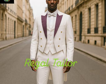 May include: Ivory-colored formal suit with a purple lapel and gold buttons. The suit includes a double-breasted jacket, vest, and trousers. A white bow tie and shirt complete the ensemble. The image shows a man wearing the suit in an outdoor setting.