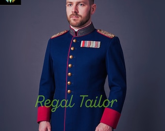 Royal Blue Military Uniform – Gold Buttons - Red Cuffs - Shoulder Epaulettes  | Historical Parade Officer's Coat