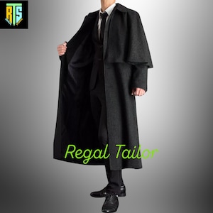 Black Wool Inverness Cape Coat - Custom Regency Coachmen Overcoat