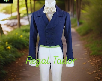 Blue Wool Tailcoat: Men&#39;s Regency Jacket, British Army Style