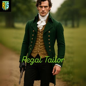 May include: A man in a green Regency-era coat with gold buttons, a tan vest, and a white cravat. The image includes the text "Regal Tailor". The man is holding a black object in his left hand.