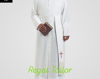 May include: A white cassock with a red cross on the sash. The cassock has a mandarin collar and a row of buttons down the front. The sash is tied at the waist and has a fringe at the bottom.