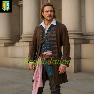Vintage Pirate-Inspired Brown Long Coat Outfit – Historical Renaissance Coat and Vest Set for Cosplay Reenactment - Theatrical Performance