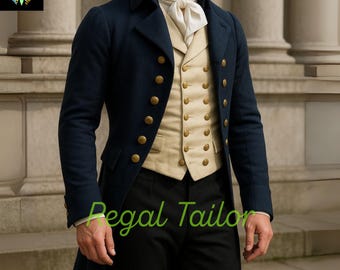 Regency Gentleman in a Navy Wool Coat with Golden Brass Buttons and Cream Waistcoat