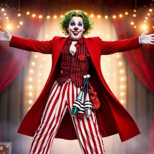 May include: A person in a clown costume with green hair, white face paint, and a red nose. They wear a red coat, striped vest, and red and white striped pants. Three juggling pins hang from their waist. The background includes stage curtains and string lights.