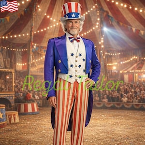 May include: A man in a patriotic Uncle Sam costume, featuring a blue jacket, white vest with stars, red and white striped pants, and a matching top hat. The outfit is set against a circus tent backdrop.