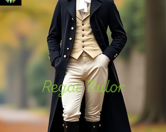 Può includere: Un cappotto lungo nero con bottoni dorati, un gilet beige e pantaloni color crema. L'outfit include un cravattino bianco e stivali neri. Il testo "Regal Tailor" è visibile. Il logo "RTS Regal Studio" è in alto a sinistra.