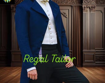 Men's Blue Wool Regency Wool Coat - 18th Century Style, Custom Fit