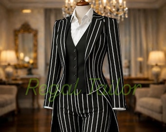 Traje de frac de lana a rayas negras para mujer - Esmoquin estilo victoriano - Traje de inspiración Regencia