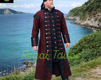 May include: A burgundy and black long coat with gold buttons. The coat has black trim and cuffs. The person in the image is wearing a black head covering and black boots. The text "Regal Tailor" is visible on the bottom of the image.