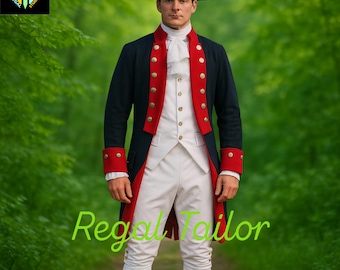 May include: A man wearing a historical navy blue coat with red trim and gold buttons, a white vest, and white pants. He is also wearing a black tricorn hat and a white ruffled cravat. The text "Regal Tailor" is written in green cursive at the bottom of the image.
