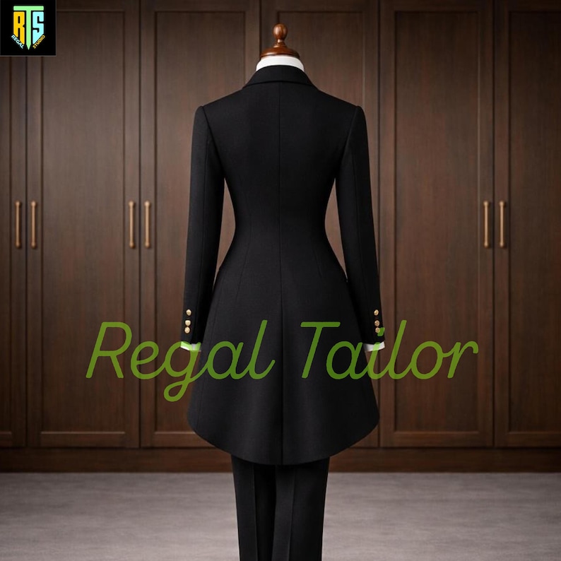 Women's Handmade Black Wool Tailcoat - Ladies Formal Suit - Blended Wool Jacket – Custom Sizing - Women's Black Tailcoat Suit, Ladies Formal Tuxedo Tailcoat Set, Elegant Blended Wool Evening Suit, Women's Dress Tailcoat Jacket