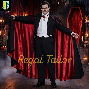 May include: A black and red vampire costume with a long cape. The cape has a red interior and black exterior. The costume includes a black suit, white shirt, and a red bow tie. The text "Regal Tailor" is written in gold script.