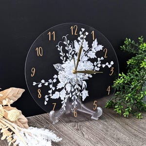 Hand painted White Floral Design Round Glass Clock For Home décor Round table Clock For Housewarming Gift Wall Clock For Art Decoration