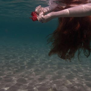 Underwater Flower Art Print | Dreamy Ocean Photography | Feminine Sea Wall Decor | Surreal Underwater Hands with Hibiscus