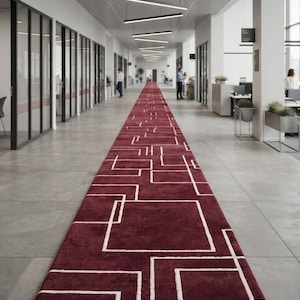 Burgundy Geometric Runner Rug, Hand Tufted Wool Rug, Red Ivory Hallway Rug, Modern Abstract Runner, Contemporary Entryway Rug