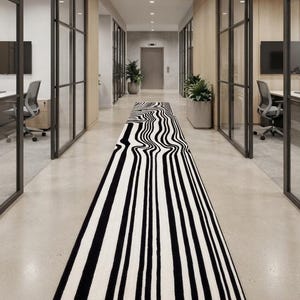 Black Ivory Wool Runner Rug, Hand Tufted Abstract Rug, Modern Wavy Line Runner, Minimalist Hallway Rug, Contemporary Long Runner, Rug Gift