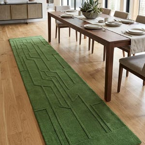 Olive Green Hand Tufted Wool Runner Rug, High Low Pile Geometric Carpet, Modern Long Hallway Rug, Contemporary Home Decor, Floor Accent