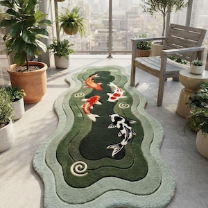 Hand Tufted Wool Koi Fish Runner Rug, Irregular Green Pond Rug, Japanese Inspired Fish Carpet, Nature Decor, Unique Hallway Floor Rug
