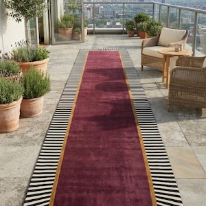 Hand Tufted Sunburst Runner Rug, Black Ivory Burgundy Rug, Gold Border, Geometric Hallway Runner, Modern Statement Rug
