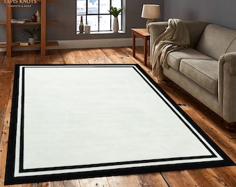 Black And White Rug | Minimalist Border Rug | Hand Tufted Wool Rug | Modern Area Rug | Contemporary Home Floor Decor | Housewarming Gift