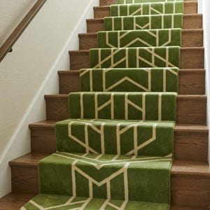 Olive Green Geometric Runner Rug, Ivory Art Deco Rug, Hand Tufted Hallway Rug, Modern Long Runner, Contemporary Area Rug