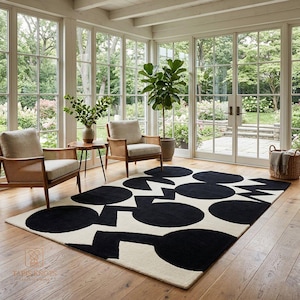 Modern Abstract Black & Ivory Hand Tufted Wool Rug, Geometric Area Rug, Scandinavian Minimalist Living Room Carpet