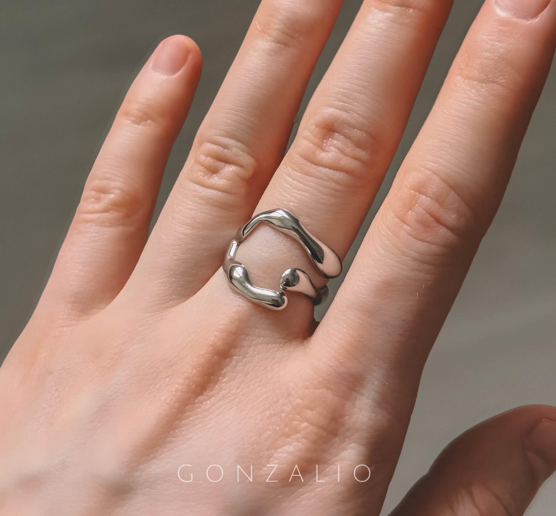 調節可能な不規則なオープンリング、波模様のリング、中空幾何学リング