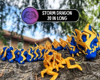 Storm Dragon | Articulated 3D Printed Dragon Figurine | Blue & Gold Shelf Decor | Fantasy Gift for Dragon Lovers | 20 Inches