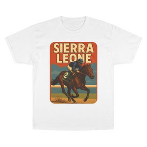 ヴィンテージ シエラレオネ 競馬チャンピオン Tシャツ、レトロ レーシング Tシャツ、乗馬ギフト、馬好きのアパレル、スポーティ カジュアルウェア