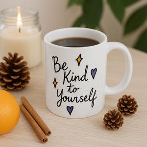 Be Kind to Yourself Mug, Inspirational Self Care Coffee Cup, Mental Health Gift for Women, Positive Affirmation Mug, Cute Motivational Mug