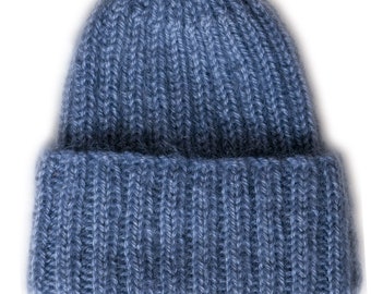 Yorkshire grown and made, Hand Knitted Child’s Blue Beanie Hat.