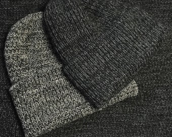 Monochrome Marl Hand-Made Beanie Hat Knit in English Rib