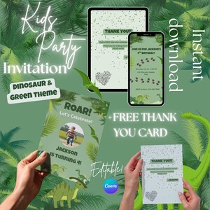 Sjabloon bewerkbare dinosaurusverjaardagsuitnodiging - groene dino-feestje – canvassjabloon – GRATIS bijpassende bedankkaart – digitale download