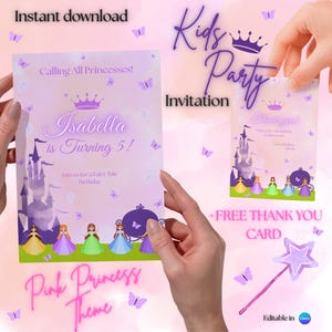 Bewerkbare prinses verjaardagsuitnodiging met vlinders, kasteel en kroon; Canva-sjabloon roze feest – GRATIS bedankkaart, uitnodiging voor een magisch meisje