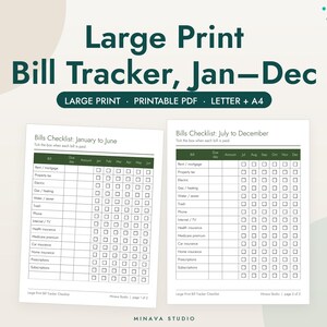 Lista de seguimiento de facturas en letra grande para imprimir, lista de verificación de pago mensual de facturas en PDF